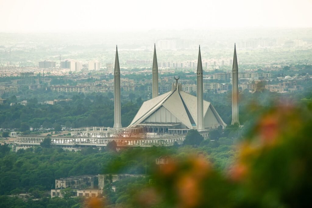 faisal mosque, culture, islam, architecture, mosque, islamabad, pakistan, religious, floor, islamic, masjid, white, faith, place, landmark, shiny, modern, nature, sky, bird-eye, city, design, high, building